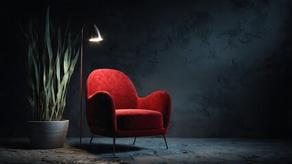 Sleek Red Armchair Illuminated by Floor Lamp in Dark Modern Setting