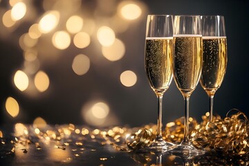 minimal new year scene with champagne glasses, golden confetti and soft festive bokeh lights