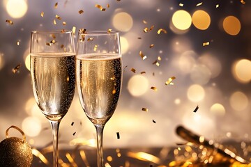 minimal new year scene with champagne glasses, golden confetti and soft festive bokeh lights