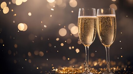 minimal new year scene with champagne glasses, golden confetti and soft festive bokeh lights