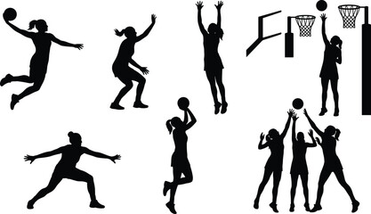 Netball players silhouette set action poses jumping shooting defending movement sport competition game isolated white background, teamwork active lifestyle © Saleha