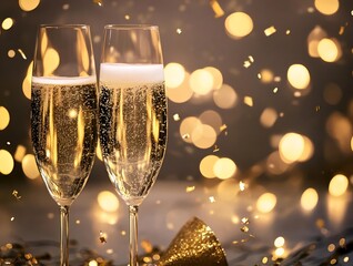 minimal new year scene with champagne glasses, golden confetti and soft festive bokeh lights