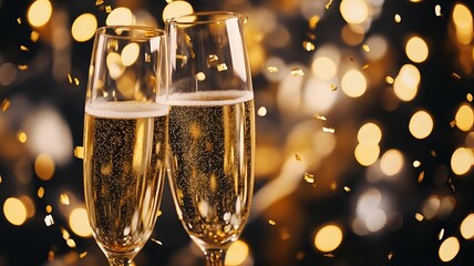 minimal new year scene with champagne glasses, golden confetti and soft festive bokeh lights