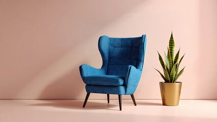 Modern Blue Armchair with Indoor Plant in Minimalist Interior Setting