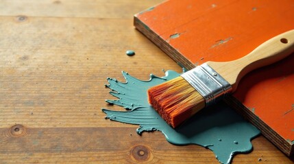 A paintbrush rests on a wooden surface, leaving a trail of teal paint next to a piece of orange-painted wood.