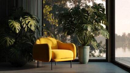 Bright 3D Interior Scene Featuring Stylish Yellow Chair and Plants