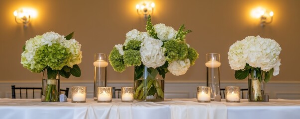 Elegant Wedding Table Arrangement with Hydrangeas and Candlelights Panorama