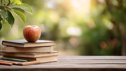 Stacked Books with a Fresh Apple on a Wooden Table in Natural Light
