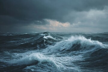 Dramatic view of turbulent ocean waves under a stormy, cloud-filled sky during a squall