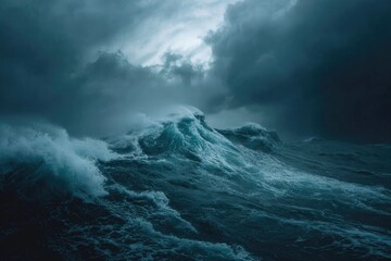 Dramatic image of ocean waves crashing under a stormy sky, creating a powerful spectacle