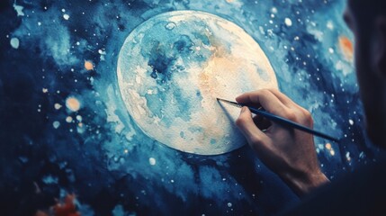 Serene lunar painting: a hand meticulously bringing a celestial body to life