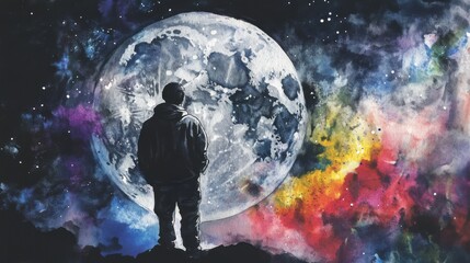 Silhouette gazes at lunar wonder amidst cosmic expanse watercolor artwork