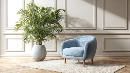 Cozy Linen Armchair Next to Large Palm Plant in Elegant Interior Space