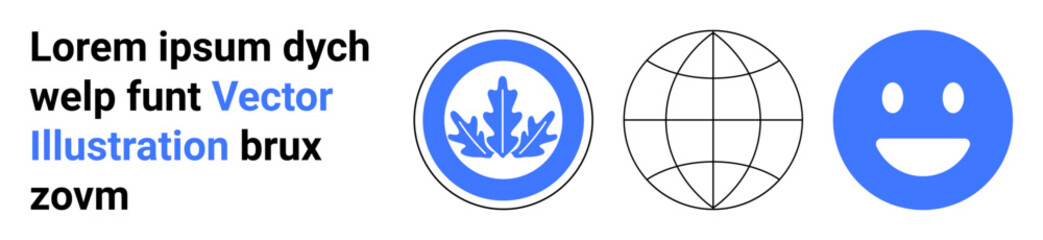 Fototapeta premium Communication, global connectivity, sustainability, social interactions, branding, digital design. Blue icons a globe, happy face and leaf. Communication and global connectivity concepts