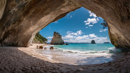 Panoramic Coastal View from Cave Overlooking Cathedral Rock Formation
