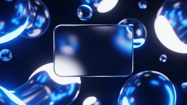 Glowing blue bubbles surround a blank shiny rectangle on dark background with light reflections