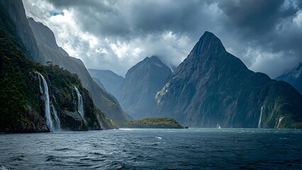 Breathtaking Panoramic View of Majestic Mountains and Waterfalls