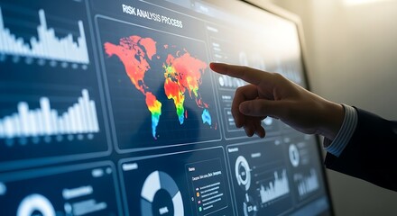 Businessman analyzing global risk data on interactive dashboard screen