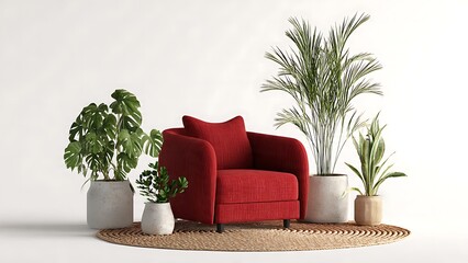 Cozy Red Armchair Surrounded by Lush Green Indoor Plants in Minimalist Style