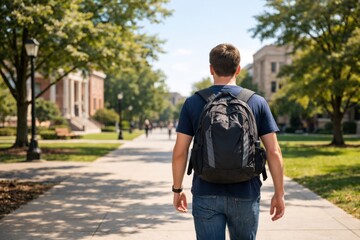 Young Caucasian male student walking on campus with a backpack, enjoying a sunny day surrounded by greenery.