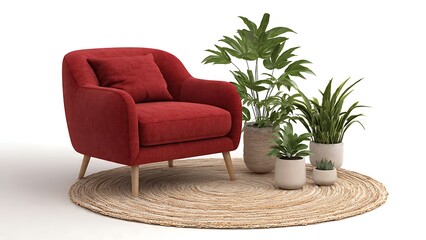 Cozy Red Chair with Indoor Plants and Natural Fiber Carpet Setting