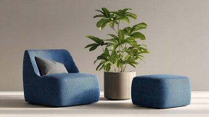 Modern 3D Modular Chair and Ottoman with Plant in Minimalist Interior
