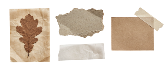 Scrapbook paper design elements with torn paper scraps and collage pieces on a transparent background