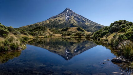 Majestic Symmetrical View of Mount Taranaki Reflected in Tranquil Water