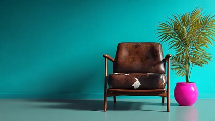 Vibrant Cowhide Armchair Against Bold Turquoise Wall and Stylish Plant