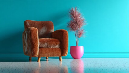 Vibrant Brown Cowhide Armchair Against Bright Aqua Wall Background