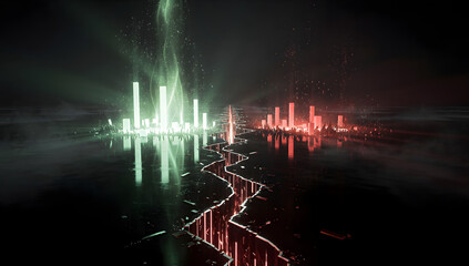 Abstract futuristic stock market visualization with glowing green and red elements, cinematic lighting, dark fintech environment, premium 3D render, no text or symbols. AI Generated.