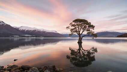 Serene Panoramic View of a Lonely Tree by Lake Wanaka at Dusk