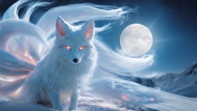 A luminous white wolf stands on snow beneath a full moon and aurora, eyes glowing in frosty silence