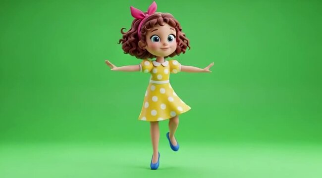Happy Cartoon Girl Dancing on Green Background.