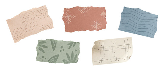Scrapbook paper design elements featuring torn paper scraps and collage pieces isolated on a transparent background