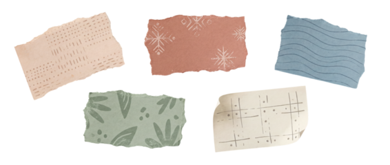Scrapbook paper design elements featuring torn paper scraps and collage pieces isolated on a transparent background