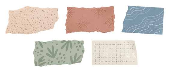 Scrapbook paper design elements with torn paper scraps for creative projects and collage making