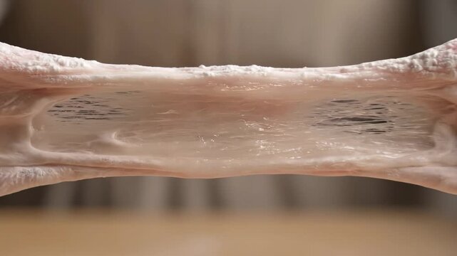 Textural close-up of pliable bread dough being expertly stretched, emphasizing its elasticity and gluten development for perfect baking