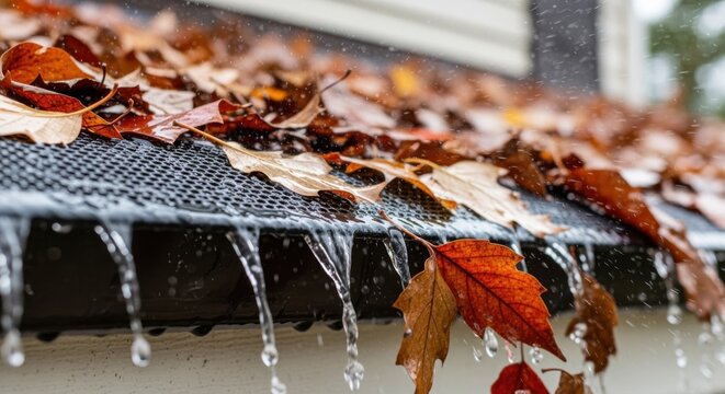Focused clip of wet leaves sliding off snapin gutter guard after a simulated rain event proving effective drainage.