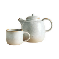 Elegant white ceramic teapot and cup set isolated on a transparent background