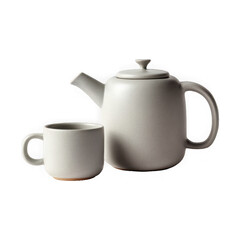 Modern white ceramic teapot and cup isolated on a transparent background