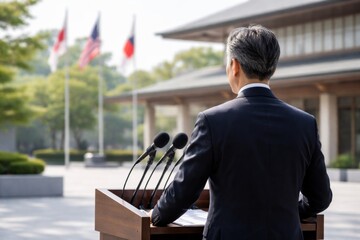 A middle-aged asian person stand at a podium with microphones, preparing for a presentation outside a modern building amidst flags.