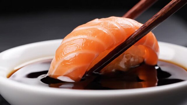 Close-up of a perfectly crafted piece of fresh salmon nigiri sushi, skillfully held by elegant chopsticks and dipped into a rich, savory soy sauce for an exquisite culinary experience