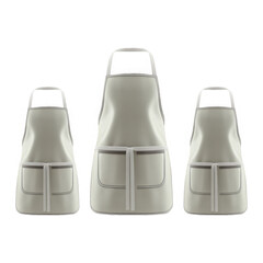 Three white aprons with pockets isolated on a transparent background