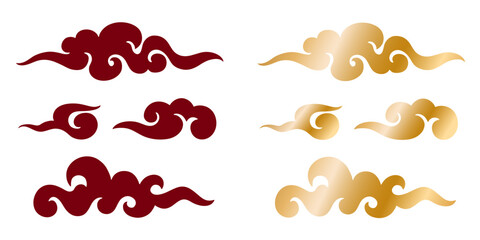Vector Chinese clouds silhouette set of red and golden colors isolated on white. Drawing illustration of curl or swirl set of stencil style. Chinese New Year decoration, oriental traditional design.