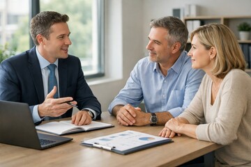 Fototapeta premium A professional meeting between a young Caucasian businessman and a middle-aged couple discussing financial planning in a modern office.