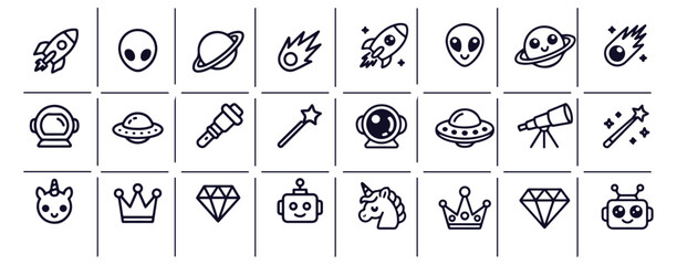 Set of space themed icons with rocket alien planet comet astronaut ufo telescope magic wand unicorn crown diamond robot © MDIKRAM