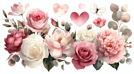 Watercolor pink roses and buds with green leaves painted beautifully on white background