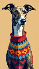 Italian greyhound in a knitted sweater with colorful patterns  
