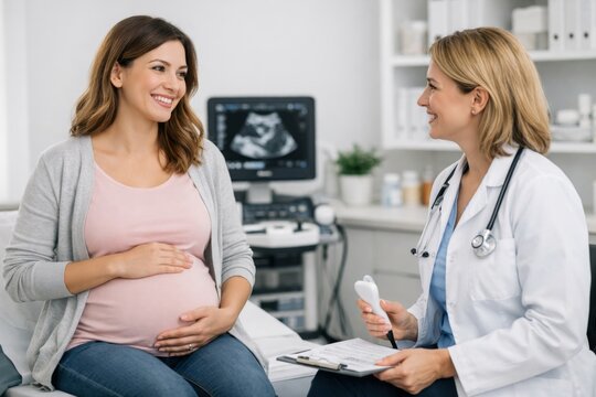 A pregnant woman smiles warmly at her female doctor during a prenatal check-up, creating a reassuring atmosphere of care and support. - Powered by Adobe